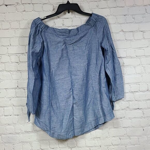 Free People Blue Linen Bow Sleeve Off the Shoulder Chambray Blouse Casual Top - Picture 4 of 8